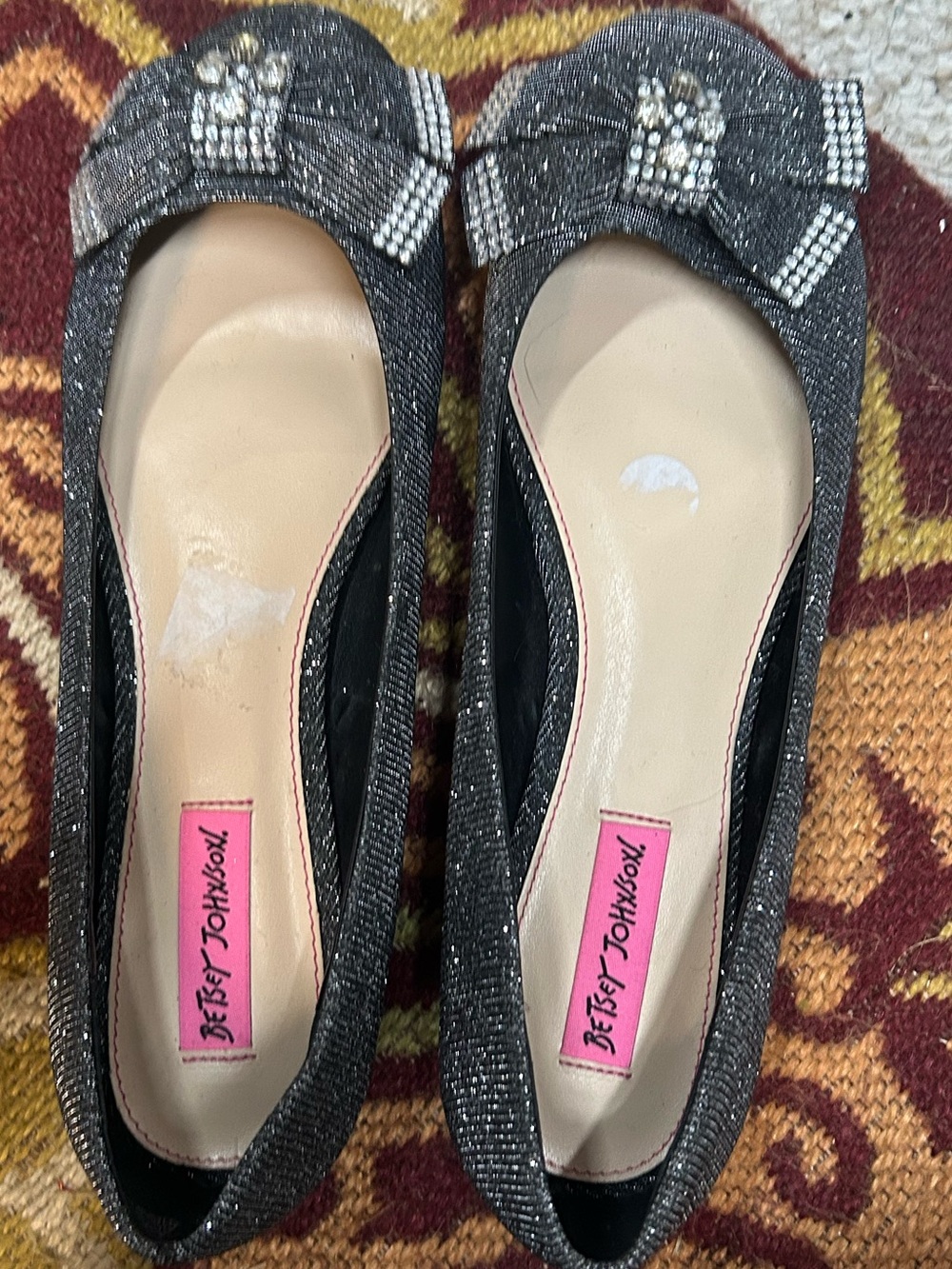 Betsey Johnson Black Glitter Bow Flats with Crystal Accents